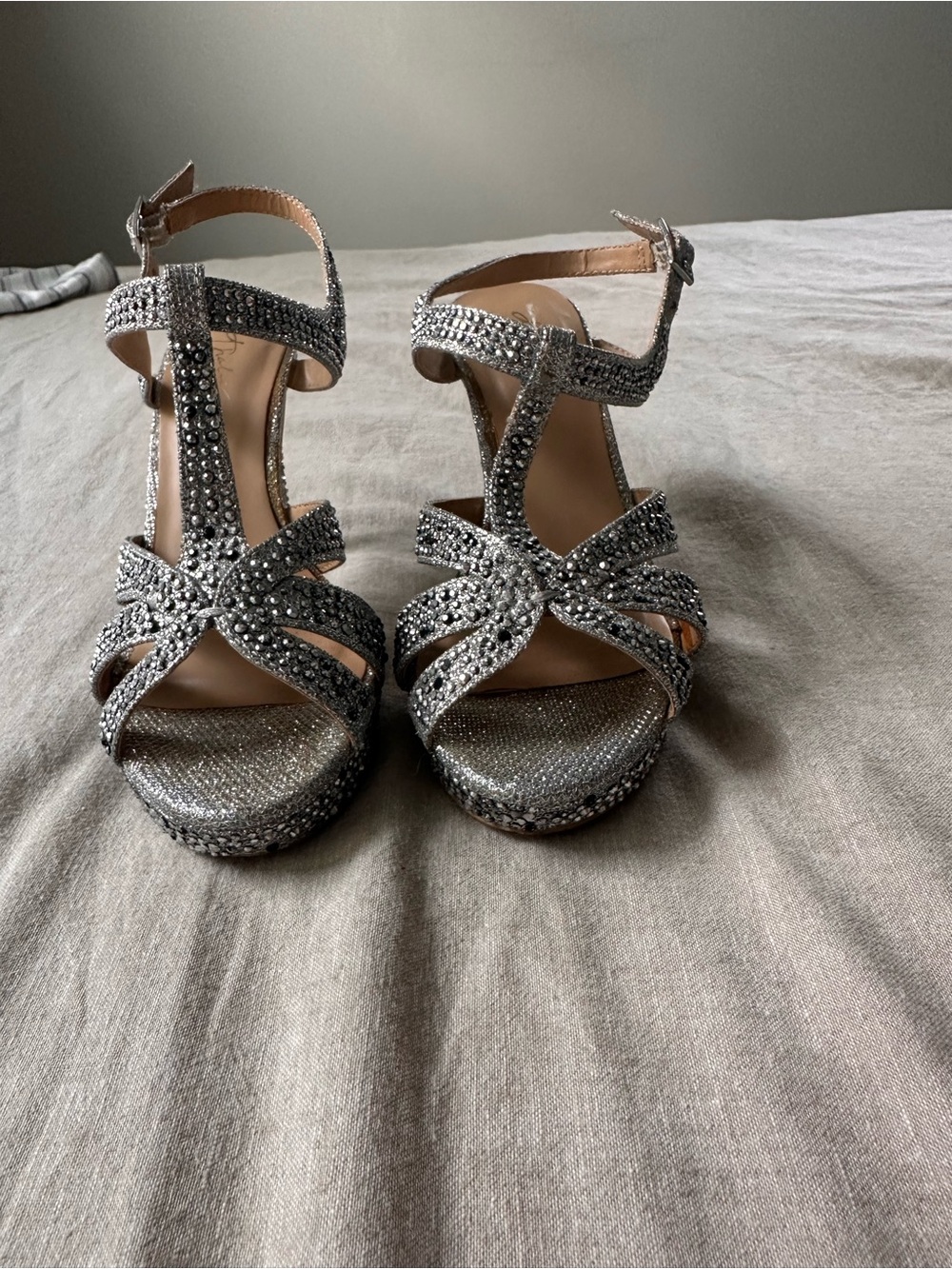 Thalia Sodi Silver Crystal Embellished Strappy Platform Sandals